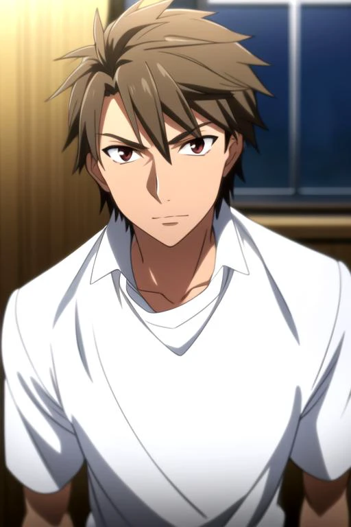 masterpiece, best quality, high quality, 1boy, solo, male focus, looking at viewer, upper body, <lora:issei_hyoudou:0.54>, issei_hyoudou, brown hair, brown eyes, hair between eyes, ,
