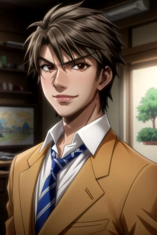 masterpiece, best quality, game cg, 1boy, solo, male focus, looking at viewer, upper body, depth of field, anime coloring, , <lora:masato_kadowaki:0.8>, masato_kadowaki, masato_kadowaki, brown hair, brown eyes, businessman costume, ,