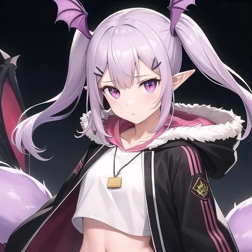 ((masterpiece)),(best quality),official art,extremely detailed CG,unity 8k wallpaper,ultra detailed,1girl,solo,upper body,(portrait:1.2),1girl,solo,head_wings,long_hair,tail,pointy_ears,navel,twintails,black_shorts,purple_hair,white_socks,black_footwear,looking_at_viewer,white_shirt,hairclip,hair_ornament,bandaged_leg,midriff,boots,purple_eyes,crop_top,black_jacket,dog_tags,long_sleeves,medium breasts,stomach,fur-trimmed_hood,fur-trimmed_jacket,pink_eyes,open_jacket,bangs,belt,hood_down,hooded_jacket,sidelocks,bat_wings,<lora:Manticore(ark)>,