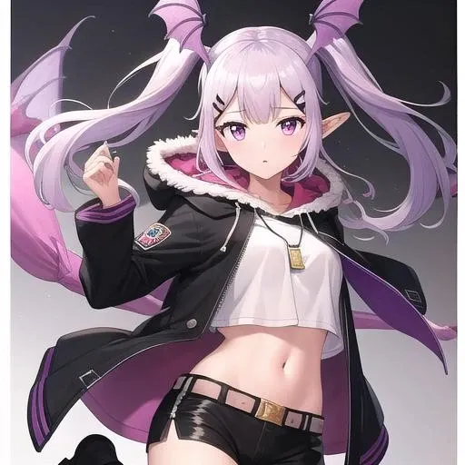 ((masterpiece)),(best quality),official art,extremely detailed CG,unity 8k wallpaper,ultra detailed,1girl,solo,upper body,1girl,solo,head_wings,long_hair,tail,pointy_ears,navel,twintails,black_shorts,purple_hair,white_socks,black_footwear,looking_at_viewer,white_shirt,hairclip,hair_ornament,bandaged_leg,midriff,boots,purple_eyes,crop_top,black_jacket,dog_tags,long_sleeves,medium breasts,stomach,fur-trimmed_hood,fur-trimmed_jacket,pink_eyes,open_jacket,bangs,belt,hood_down,hooded_jacket,sidelocks,bat_wings,<lora:Manticore(ark)>,