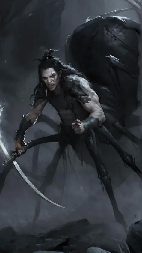 closeup, portrait, <lora:4r4chn1dXL:1> fantasy 4r4chn1d 1boy, detailed face, concept art, digital art, realistic, closeup, , solo, warrior, arachnid, angry, evil, monster face, creature face, character focus, Black hair, white skin, long hair,spear,necromancy, combat stance, attacking, fearsome