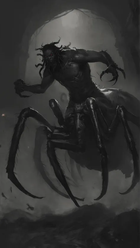 <lora:4r4chn1dXL:0.9> fantasy 4r4chn1d 1boy, , solo, warrior, arachnid, angry, evil, character focus, Bronze hair, black skin, corpse,weapon,claws, combat stance, attacking, fearsome, scary horror \(theme\), (in __LocationWildcards/locations_fantasy__:0.5), desktop wallpaper, official_wallpaper, desaturated, atmospheric, concept art