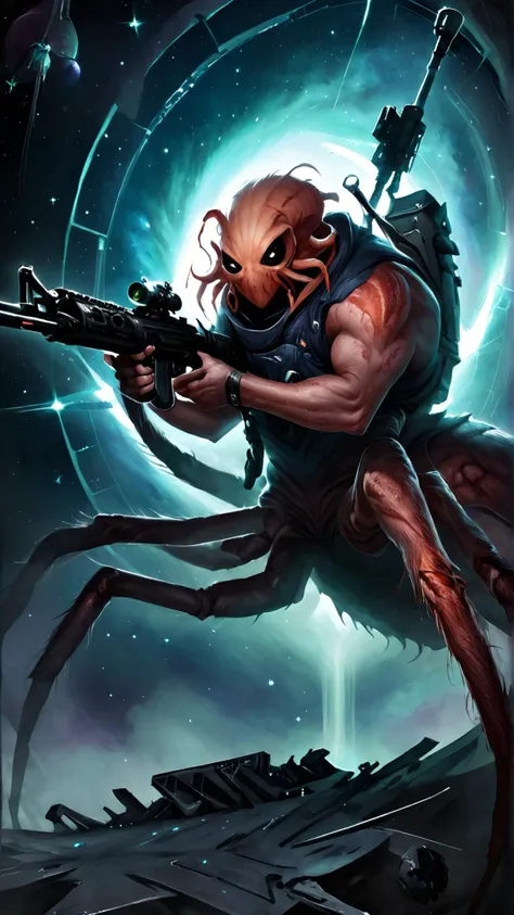 <lora:4r4chn1dXL:0.8>4r4chn1d, digital art, arachnid character, creature, combat stance, holding a Anti-materiel rifle, in cosmic observatory