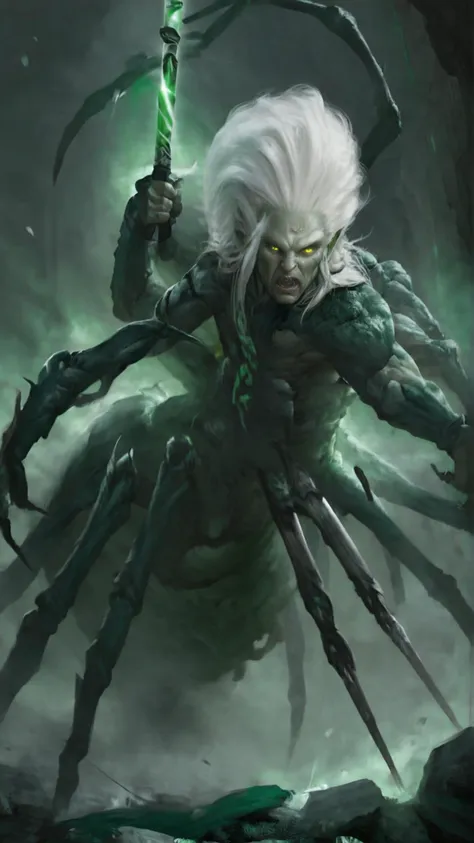 closeup, portrait, <lora:4r4chn1dXL:1> fantasy 4r4chn1d 1boy, detailed face, concept art, digital art, realistic, closeup, , solo, warrior, arachnid, angry, evil, monster face, creature face, character focus, White hair, green skin, long hair,spear,crystal, combat stance, attacking, fearsome