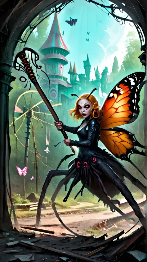 <lora:4r4chn1dXL:1.0>4r4chn1d, digital art, arachnid character, Butterfly inspired, holding a Cane Sword, in abandoned amusement park