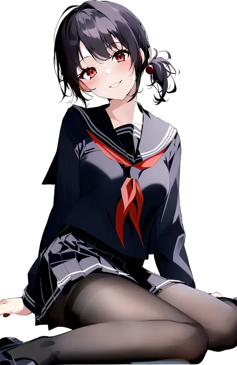 (incredibly_absurdres:1.5),1girl, (red eyes//),black hair,short hair,(++medium breasts),side ponytail,seductive smile,(serafuku:1.3),pantyhose,backlighting,(head_tilt:1.2),full body,(short messy bangs:1.2),miniskirt,sitting,