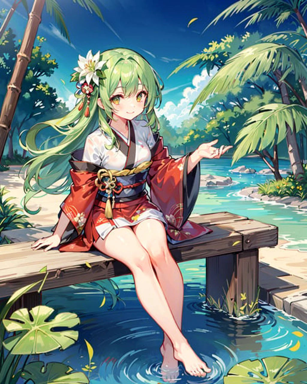 tree, plant, palm_tree, water, 1girl, flower, pond, japanese_clothes, barefoot, hair_ornament, potted_plant, hair_flower, lily_pad, solo, sitting, kimono, soaking_feet, bamboo, bare_legs, branch, lake, white_kimono, river, day, sash, looking_at_viewer, grass, bush, bridge, obi, wide_sleeves, feet, smile, long_hair, leaf, breasts