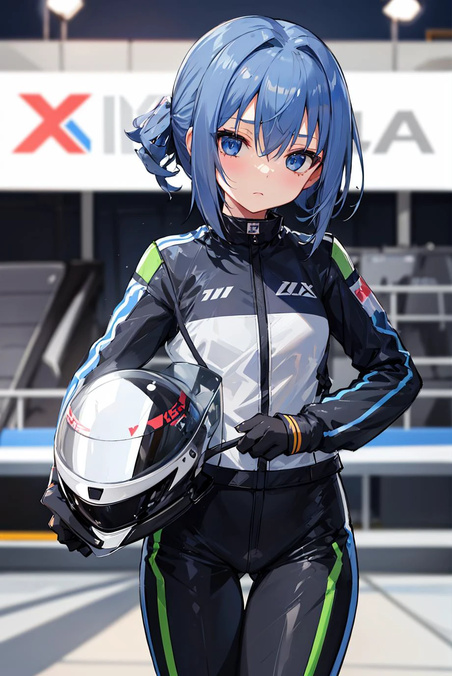 1girl, solo, petite, kawaii, cute, , azure color hair, expressionless, empty eyes, gray racing suite, gray jumpsuit, holding, holding motorcycle helmet,
race track, race cars, sports cars, audience, blurry background