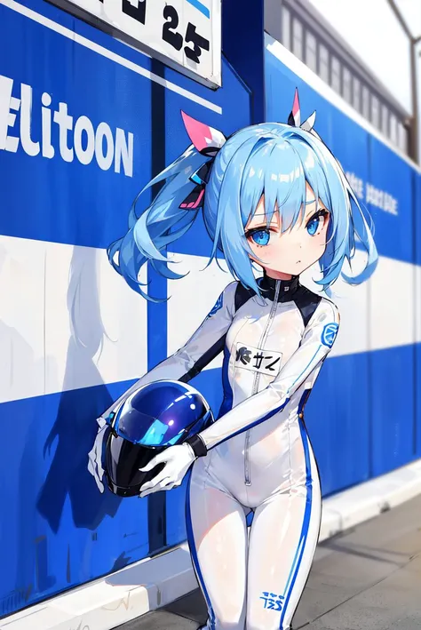 1girl, solo, petite, kawaii, cute, 12 years old, azure color hair, expressionless, empty eyes, white racing suite, white jumpsuit, holding, holding motorcycle helmet, 
race track, race cars, sports cars, audience, blurry background