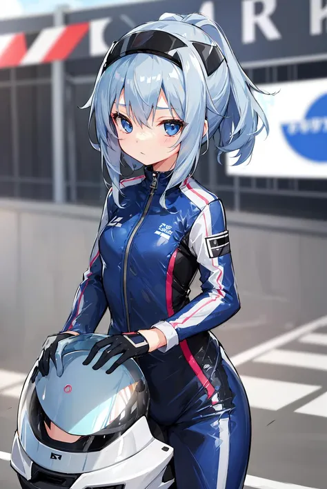 1girl, solo, petite, kawaii, cute, ************, azure color hair, expressionless, empty eyes, gray racing suite, gray jumpsuit, holding, holding motorcycle helmet,
race track, race cars, sports cars, audience, blurry background