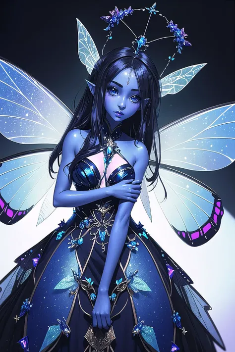 (tiny fairycore:1.3), (masterpiece, best_quality, ultra-detailed, immaculate:1.3), epic, illustration, 1girl, dark blue skin, Ximenia Americana tree creature,insect wings, see-through gossamer, expressionless<lora:EnvyFairy01:1>