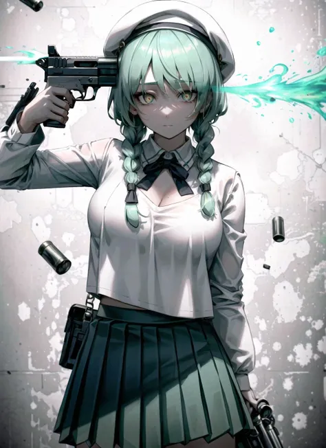 1girl with gun to head, cowboy shot, (expressionless, constricted pupils, crazy eyes:1.2), white shirt, pleated skirt, mint green hair, twin braids, white beret, green eyes, eyeshadow, (glowing eyes:0.7), gun, holding gun, incredibly absurdres, 8k wallpaper, large breasts, cleavage, sideboob, amazing details <lora:gun2headPose_gun2headv3final:1>