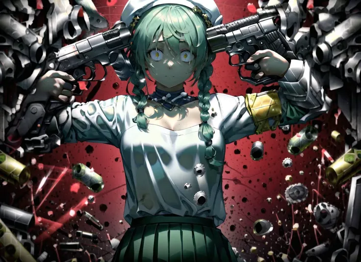 1girl with gun to head, cowboy shot, shell casings, bullets, (expressionless, constricted pupils, crazy eyes:1.2), white shirt, pleated skirt, mint green hair, twin braids, white beret, green eyes, eyeshadow, (glowing eyes:0.7), small gun, holding gun, incredibly absurdres, 8k wallpaper, large breasts, cleavage, sideboob, amazing details <lora:gun2headPose_gun2headv3final:1>  <lora:crazyExpressions_:1>