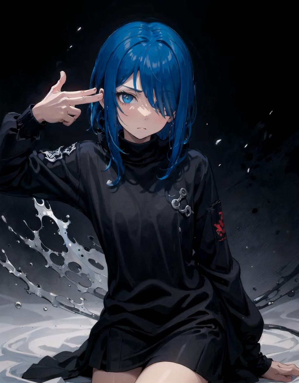 Anime girl with blue hair sitting on a bed with her hands up - SeaArt AI
