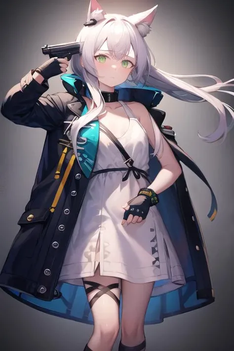 High Quality,<lora:rosmontis:0.8>,1girl,green eyes,animal ears,cat girl,long hair,bangs,looking at viewer,cat ears,animal ear fluff,white_hair,flat chest,closed mouth,
boots,dress,white dress,black footwear,gloves,jacket on shoulders,jacket,jacket on shoulders,jacket,coat,fingerless gloves,
cold eyes,distant,blank stare,expressionless,empty eyes,no expression,apathetic,<lora:Gun2Head11:1.3>,(gun to head),(handgun),(holding gun),