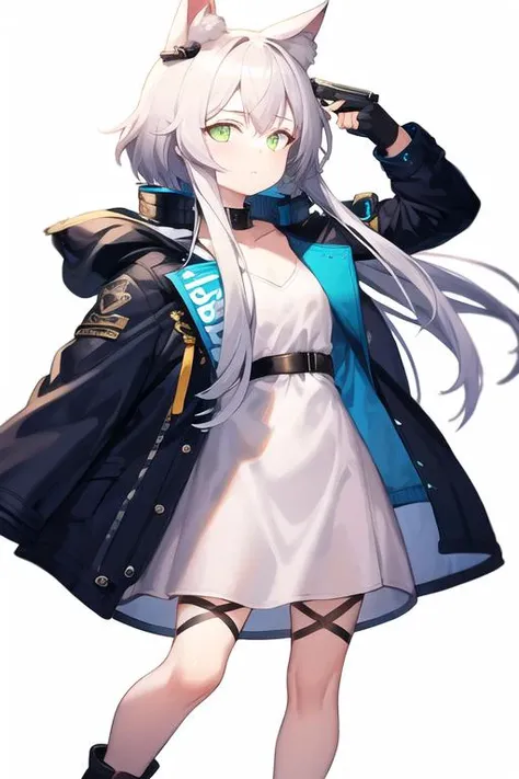 High Quality,<lora:rosmontis:0.8>,1girl,green eyes,animal ears,cat girl,long hair,bangs,looking at viewer,cat ears,animal ear fluff,white_hair,flat chest,closed mouth,
boots,dress,white dress,black footwear,gloves,jacket on shoulders,jacket,jacket on shoulders,jacket,coat,fingerless gloves,
cold eyes,distant,blank stare,expressionless,empty eyes,no expression,apathetic,<lora:Gun2Head11:1.3>,(gun to head),(handgun),(holding gun),