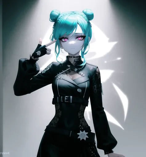 best quality, perfect lighting, shiny skin, expressionless girl wearing black punk style clothes with silver accents holding finger gun to her head, eyes are half closed and lifeless, cowboy shot, finger gun to head, Pastel Green hair, (widow's peak, triple bun:1.3), dark purple eyes, glowing eyes, seymour, dark background, dark lighting, incredibly absurdres, 8k wallpaper, amazing details