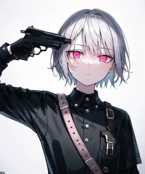 an( expressionless:1.3) girl wearing black punk style clothes with silver holding a gun to her head, her eyes are half closed and empty, upper body, gun to head, holding gun, gun, light pink eyes, glowing eyes, simple background, dark lighting, incredibly absurdres, 8k wallpaper, amazing details