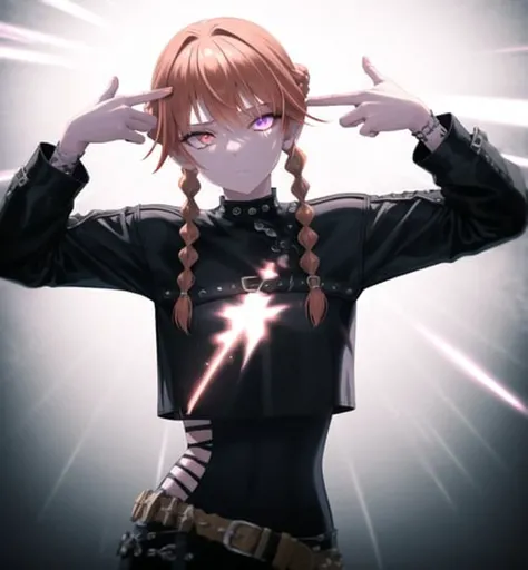 expressionless girl wearing black punk style clothes with silver accents holding finger gun to her head, eyes are half closed and lifeless, cowboy shot, finger gun to head, Hunter Blaze Orange hair, (hair intakes, twin braids:1.3), light purple eyes, glowing eyes, seymour, dark background, dark lighting, incredibly absurdres, 8k wallpaper, amazing details