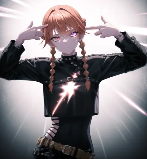 expressionless girl wearing black punk style clothes with silver accents holding finger gun to her head, eyes are half closed and lifeless, cowboy shot, finger gun to head, Hunter Blaze Orange hair, (hair intakes, twin braids:1.3), light purple eyes, glowing eyes, seymour, dark background, dark lighting, incredibly absurdres, 8k wallpaper, amazing details