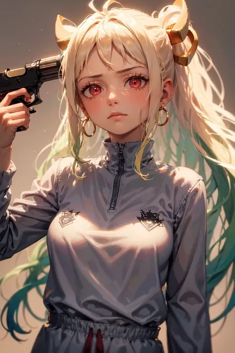 masterpiece, best quality, handgun, gun to head, holding gun, upper body, 1girl, solo, dead inside, blank expression, expressionless, empty eyes, no expression, apathetic, red eyes, wedge updo and hair intakes, yellow hair, tasuki, short jumpsuit, bandeau,  <lora:Gun2Head11:1>, <lyco:BetterGuns-V1:1>, <lora:yamatowanpi3_64dim-5e-5:1>