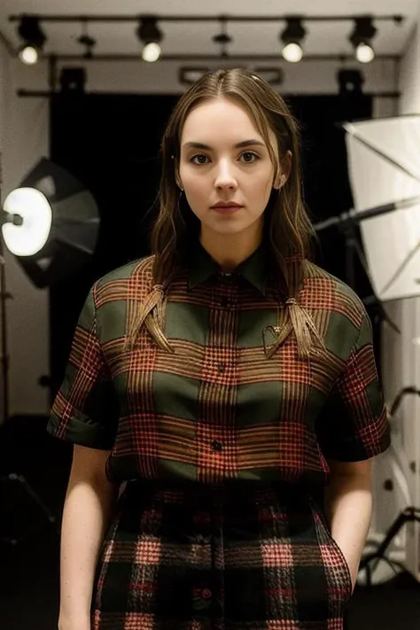<lora:j0d13c0m3r:0.9>, a Realistic portrait of a j0d13c0m3r woman, long hair, looking at viewer, skirt, blonde hair, shirt, short sleeves, artist name, lips, plaid, realistic, unbuttoned, plaid shirt, soft lighting, professional Photography, Photorealistic, detailed, standing in a dark Studio Room background, blurred background, RAW, analog, sharp focus, 8k, HD, DSLR, high quality, Fujifilm XT3, film grain, award winning, masterpiece