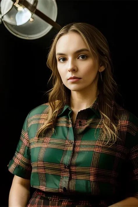 <lora:j0d13c0m3r:0.9>, a Realistic portrait of a j0d13c0m3r woman, long hair, looking at viewer, skirt, blonde hair, shirt, short sleeves, artist name, lips, plaid, realistic, unbuttoned, plaid shirt, soft lighting, professional Photography, Photorealistic, detailed, standing in a dark Studio Room background, blurred background, RAW, analog, sharp focus, 8k, HD, DSLR, high quality, Fujifilm XT3, film grain, award winning, masterpiece