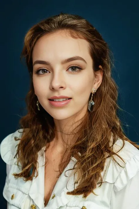 <lora:j0d13c0m3r:0.9>, a Realistic portrait of a j0d13c0m3r woman, long hair, looking at viewer, simple background, brown hair, brown eyes, jewelry, upper body, earrings, parted lips, teeth, lips, blue background, messy hair, forehead, realistic, soft lighting, professional Photography, Photorealistic, detailed, standing in a dark Studio Room background, blurred background, RAW, analog, sharp focus, 8k, HD, DSLR, high quality, Fujifilm XT3, film grain, award winning, masterpiece