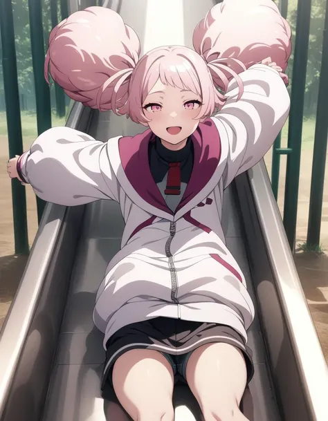 1girl,
<lora:chuaturyXL1:0.8>,chuatury,
pink hair,pink eyes,twintails, bangs,shorts,white jacket,long sleeves,
<lora:slideXLv1:1>,slide,playground,amusement park,  looking at viewer,
masterpiece, best quality, ultra detailed, highres,4k,(ultra-detailed:1.4) (illustration:0.5), (ray tracing,:0.8),(anime colored:0.7),(ai-generated:0.5),