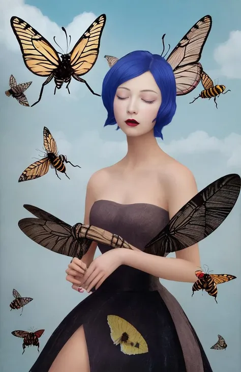Christian Schloe_V,1girl,animal,antennae,bare_shoulders,bee,beetle,bird,bird_on_shoulder,blue_butterfly,bug,butterfly,butterfly_hair_ornament,butterfly_net,butterfly_wings,closed_eyes,dragonfly,butterfly_on_hand,dress,eyelashes,fairy,glowing_butterfly,gwendolyn_\(odin_sphere\),hand_net,insect_wings,jet,kashiwazaki_sena,kochou_shinobu,ladybug,lips,lipstick,looking_at_animal,makeup,origami,paper_crane,pinwheel,short_hair,solo,sparrow,spider,white_butterfly,wings,yellow_butterfly,Pigeons,Clouds,<lora:Christian Schloe Style:0.6>,