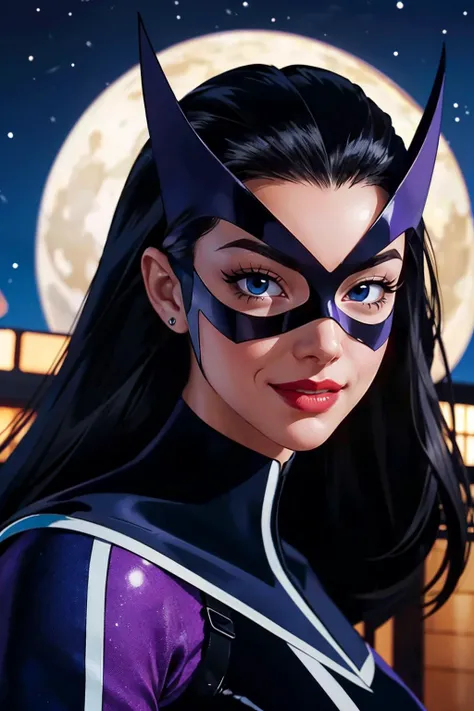 (ultra realistic,32k, masterpiece:1.2),(high detailed skin:1.1),( 8k uhd, dslr, high quality:1.1),
<lora:Huntress_JLU:0.7>Huntress_JLU, long black hair, mask, cape, cleavage, dark-purple leotard,, , <lora:add_detail:0.91>, (huge breast:1.1),
(looking at viewer, portrait:1.1),,upper body,
,(refraction:1.1), A space station with many technological resources and many drawers