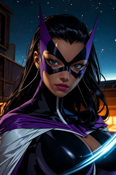 (ultra realistic,32k, masterpiece:1.2),(high detailed skin:1.1),( 8k uhd, dslr, high quality:1.1),
<lora:Huntress_JLU:0.7>Huntress_JLU, long black hair, mask, cape, cleavage, dark-purple leotard,, , <lora:add_detail:0.77>, (huge breast:1.1),
(looking at viewer, portrait:1.1),,upper body,
,(beautifully lit:1.1), A place battered by time and natural disasters