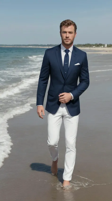 cinematic photo of handsome man, sks person, looking into camera, suit and tie, dark blue blazer, white dress shirt, blue tie, dark blue slacks, barefoot, on the beach, in the water, sunny day, fixing tie, realistic, high quality, white background, photoshoot <lora:locon_chrishemsworth_v1_from_v1_64_32:1>