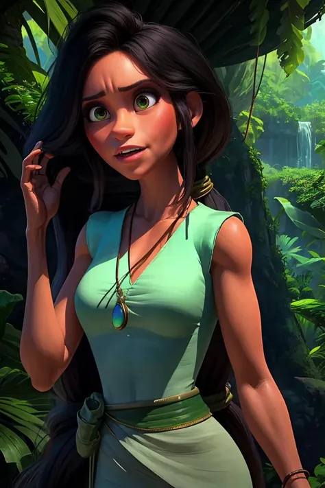 Dawn,black hair,green eyes,long hair,ponytail.,
necklace,dress,handwrap,sandals,cowboy shot,
solo,standing,upper body,happy,
tropical forest,treehouse,
(insanely detailed, beautiful detailed face, masterpiece, best quality),<lora:Dawn-10TCv7:0.8>,