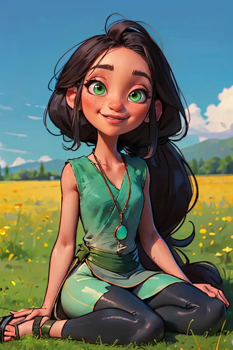 Dawn, long black hair,ponytail, green eyes,necklace, green dress, sleeveless, blue leggings, sandals, looking at viewer, smiling, happy, blush, sitting, wariza, outside, field, blue sky, high quality, masterpiece, <lora:Dawn:.7>