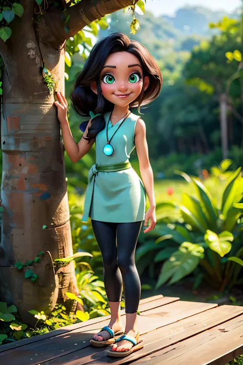 Dawn, long black hair,ponytail, green eyes,necklace, green dress, sleeveless, blue leggings, sandals, looking at viewer, smiling, full body shot, standing, tree house, jungle, natural lighting, high quality, masterpiece, <lora:Dawn:.7>