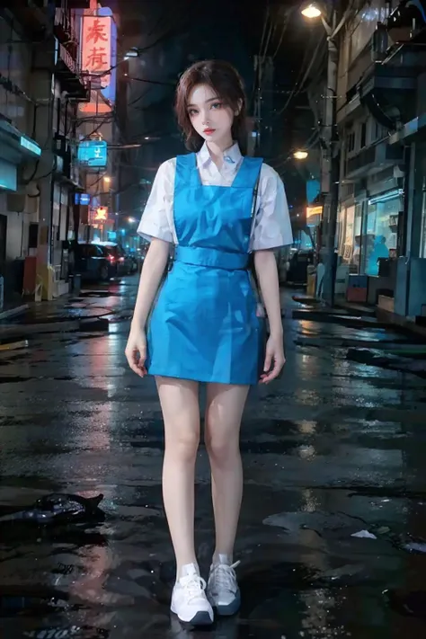 1girl with cute face, black hair, slender, wearing white shirt, pinafore, (blue uniform:1.2), (white shoes:1.2), <lora:msu3-000008:0.8>, full body, standing, outdoor, street, (night:1.5), neon light, neon background, neon city, dark, cyberpunk 2077, best quality, masterpiece, ultra high res, photorealistic, hyperrealistic, <lora:asianGirlsFace_v1:0.3> <lora:OrientalBeauty_2_1:0.3> <lora:Cyberpunk 2077:0.5> <lora:è¿-000001:0.4> <lora:Cyberpunk V2.1:0.5> <lora:futuristic_interior_composer:0.5>