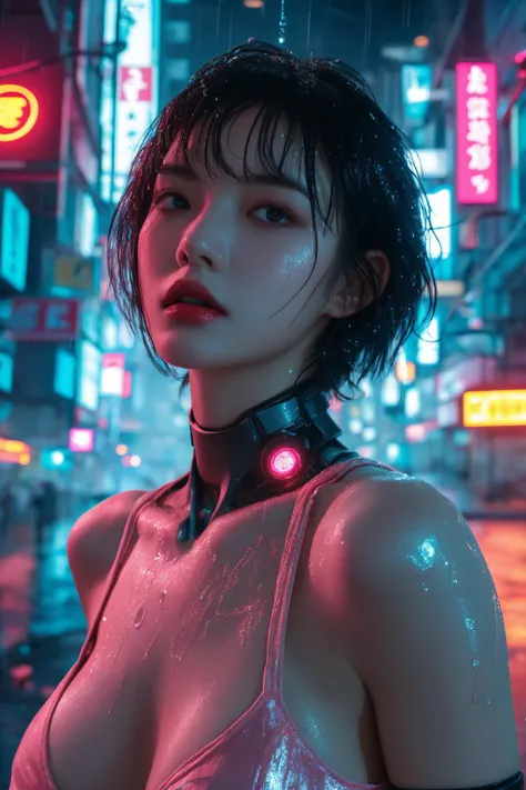 <lora:Cyberpunk V2.1:0.8>, Cyberpunk, best quality, masterpiece, illustration, realistic, photo-realistic, amazing, finely detail, incredibly absurdres, huge filesize, ultra-detailed, highres, extremely detailed CG unity 8k wallpaper, nsfw, nude, A full-shot of a beautiful young woman with Korean-style facial features resembling a popular actress. She has cyberpunk cybernetic limbs and glowing body parts. Her skin is reflective and she is wearing revealing clothing that barely covers her body. Her exposed skin is glistening with water droplets from the heavy rain. She has pink-teal eyeshadow, pink short hair with bangs and blue highlights, and one glowing eye. She also has cybernetic implants on her face, neck, and arms. The background is a neon-lit cityscape at night, with heavy rain and reflective puddles. Ray tracing and volumetric lighting are used.
