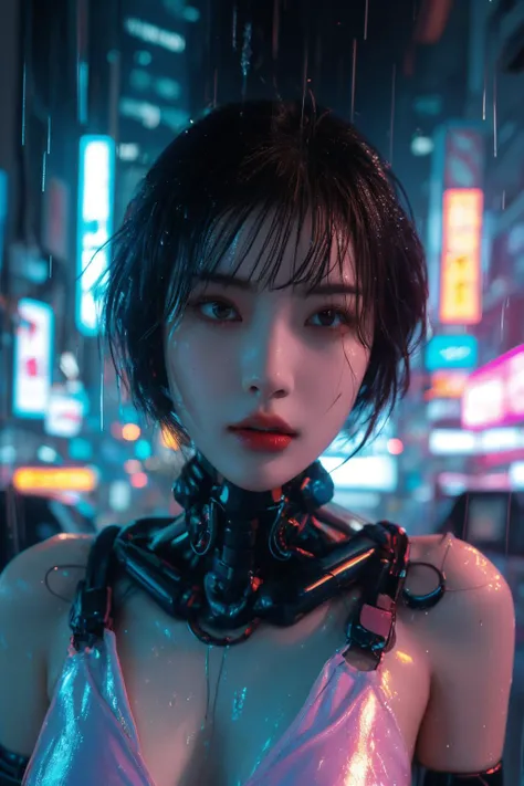 <lora:Cyberpunk V2.1:0.8>, Cyberpunk, best quality, masterpiece, illustration, realistic, photo-realistic, amazing, finely detail, incredibly absurdres, huge filesize, ultra-detailed, highres, extremely detailed CG unity 8k wallpaper, nsfw, nude, A medium-close-up portrait of a beautiful young woman with Korean-style facial features resembling a popular actress. She has cyberpunk cybernetic limbs and glowing body parts. She has pink-teal eyeshadow, pink short hair with bangs and blue highlights, and one glowing eye. Her skin is reflective and she is wearing revealing clothing that barely covers her body. There are water droplets on her face and body. The background is a neon-lit cityscape at night, with heavy rain and reflective puddles. Ray tracing and volumetric lighting are used.