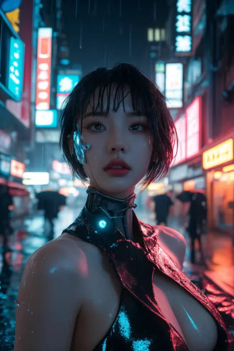 <lora:Cyberpunk V2.1:0.8>, Cyberpunk, best quality, masterpiece, illustration, realistic, photo-realistic, amazing, finely detail, incredibly absurdres, huge filesize, ultra-detailed, highres, extremely detailed CG unity 8k wallpaper, nsfw, nude, A full-shot of a beautiful young woman with Korean-style facial features resembling a popular actress. She has cyberpunk cybernetic limbs and glowing body parts. Her skin is reflective and she is wearing revealing clothing that barely covers her body. Her exposed skin is glistening with water droplets from the heavy rain. She has pink-teal eyeshadow, pink short hair with bangs and blue highlights, and one glowing eye. She also has cybernetic implants on her face, neck, and arms. The background is a neon-lit cityscape at night, with heavy rain and reflective puddles. Ray tracing and volumetric lighting are used.