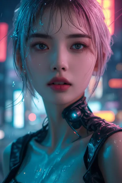 <lora:Cyberpunk V2.1:0.8>, Cyberpunk, best quality, masterpiece, illustration, realistic, photo-realistic, amazing, finely detail, incredibly absurdres, huge filesize, ultra-detailed, highres, extremely detailed CG unity 8k wallpaper, nsfw, nude, A close-up portrait of a beautiful young woman with Korean-style facial features resembling a popular actress. She has cyberpunk cybernetic limbs and glowing body parts. She has pink-teal eyeshadow, pink short hair with bangs and blue highlights, and one glowing eye. Her skin is reflective and she is wearing revealing clothing. There are water droplets on her body and the background is a neon-lit cityscape at night, with rain and reflective puddles. Ray tracing and volumetric lighting are used.