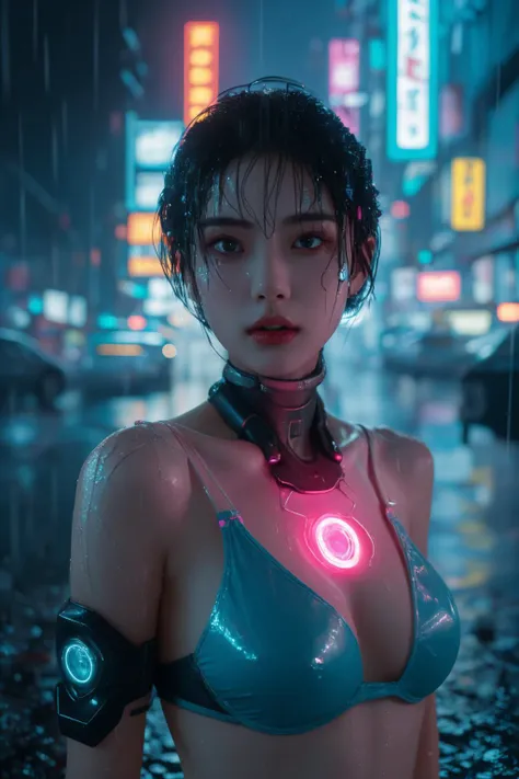 <lora:Cyberpunk V2.1:0.8>, Cyberpunk, best quality, masterpiece, illustration, realistic, photo-realistic, amazing, finely detail, incredibly absurdres, huge filesize, ultra-detailed, highres, extremely detailed CG unity 8k wallpaper, nsfw, nude, A full-shot of a beautiful young woman with Korean-style facial features resembling a popular actress. She has cyberpunk cybernetic limbs and glowing body parts. Her skin is reflective and she is wearing revealing clothing that barely covers her body. Her exposed skin is glistening with water droplets from the heavy rain. She has pink-teal eyeshadow, pink short hair with bangs and blue highlights, and one glowing eye. She also has cybernetic implants on her face, neck, and arms. The background is a neon-lit cityscape at night, with heavy rain and reflective puddles. Ray tracing and volumetric lighting are used.