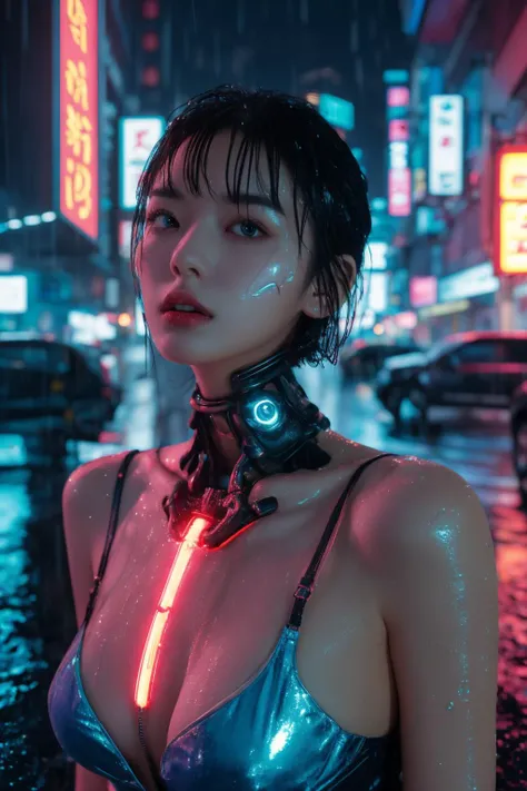 <lora:Cyberpunk V2.1:0.8>, Cyberpunk, best quality, masterpiece, illustration, realistic, photo-realistic, amazing, finely detail, incredibly absurdres, huge filesize, ultra-detailed, highres, extremely detailed CG unity 8k wallpaper, nsfw, nude, A full-shot of a beautiful young woman with Korean-style facial features resembling a popular actress. She has cyberpunk cybernetic limbs and glowing body parts. Her skin is reflective and she is wearing revealing clothing that barely covers her body. Her exposed skin is glistening with water droplets from the heavy rain. She has pink-teal eyeshadow, pink short hair with bangs and blue highlights, and one glowing eye. She also has cybernetic implants on her face, neck, and arms. The background is a neon-lit cityscape at night, with heavy rain and reflective puddles. Ray tracing and volumetric lighting are used.