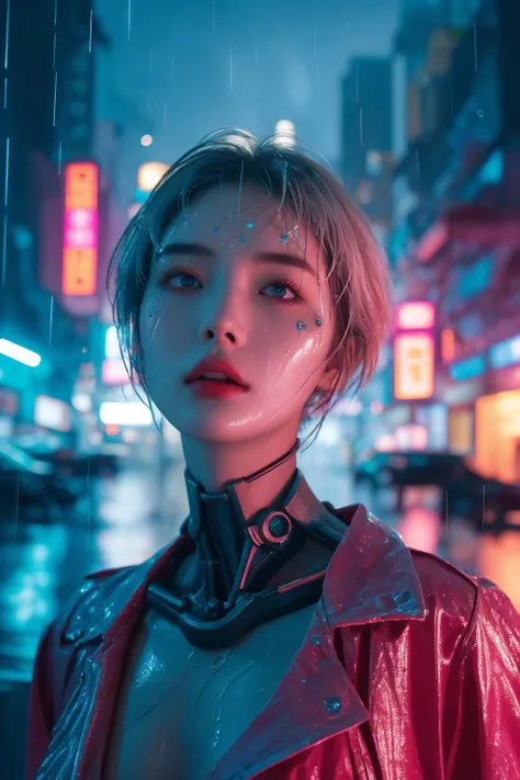 <lora:Cyberpunk V2.1:0.8>, Cyberpunk, best quality, masterpiece, illustration, realistic, photo-realistic, amazing, finely detail, incredibly absurdres, huge filesize, ultra-detailed, highres, extremely detailed CG unity 8k wallpaper, nsfw, nude, A full-shot of a beautiful young woman with Korean-style facial features resembling a popular actress. She has cyberpunk cybernetic limbs and glowing body parts. Her skin is reflective and she is wearing revealing clothing that barely covers her body. Her exposed skin is glistening with water droplets from the heavy rain. She has pink-teal eyeshadow, pink short hair with bangs and blue highlights, and one glowing eye. She also has cybernetic implants on her face, neck, and arms. The background is a neon-lit cityscape at night, with heavy rain and reflective puddles. Ray tracing and volumetric lighting are used.
