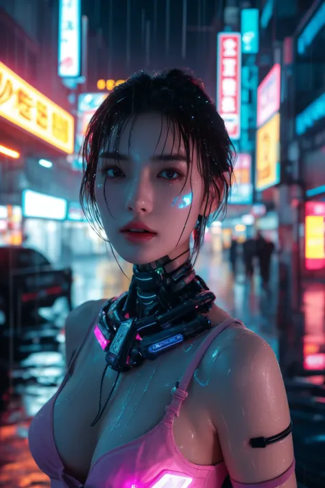 <lora:Cyberpunk V2.1:0.8>, Cyberpunk, best quality, masterpiece, illustration, realistic, photo-realistic, amazing, finely detail, incredibly absurdres, huge filesize, ultra-detailed, highres, extremely detailed CG unity 8k wallpaper, nsfw, nude, A full-shot of a beautiful young woman with Korean-style facial features resembling a popular actress. She has cyberpunk cybernetic limbs and glowing body parts. Her skin is reflective and she is wearing revealing clothing that barely covers her body. Her exposed skin is glistening with water droplets from the heavy rain. She has pink-teal eyeshadow, pink short hair with bangs and blue highlights, and one glowing eye. She also has cybernetic implants on her face, neck, and arms. The background is a neon-lit cityscape at night, with heavy rain and reflective puddles. Ray tracing and volumetric lighting are used.