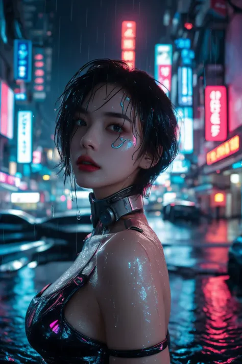 <lora:Cyberpunk V2.1:0.8>, Cyberpunk, best quality, masterpiece, illustration, realistic, photo-realistic, amazing, finely detail, incredibly absurdres, huge filesize, ultra-detailed, highres, extremely detailed CG unity 8k wallpaper, nsfw, nude, A full-shot of a beautiful young woman with Korean-style facial features resembling a popular actress. She has cyberpunk cybernetic limbs and glowing body parts. Her skin is reflective and she is wearing revealing clothing that barely covers her body. Her exposed skin is glistening with water droplets from the heavy rain. She has pink-teal eyeshadow, pink short hair with bangs and blue highlights, and one glowing eye. She also has cybernetic implants on her face, neck, and arms. The background is a neon-lit cityscape at night, with heavy rain and reflective puddles. Ray tracing and volumetric lighting are used.