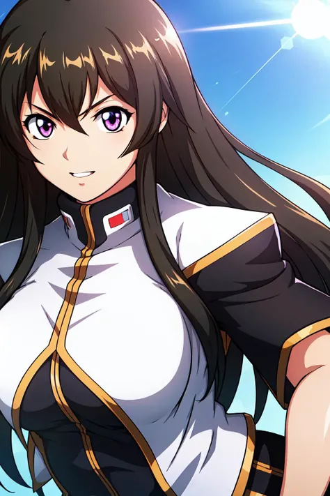 military, military uniform,white jacket,Black and red shirt ,black pants,
<lora:Maria_Owens_Gundam-KK77-V1:0.7>,
long hair,bangs, brown hair,purple eyes,
1 girl, 20yo,Young female,Beautiful Finger,Beautiful long legs,Beautiful body,Beautiful Nose,Beautiful character design, perfect eyes, perfect face,expressive eyes, looking at viewer, in the center of the image,(light_smile:0.5), official art,extremely detailed CG unity 8k wallpaper, perfect lighting,Colorful, Bright_Front_face_Lighting,shiny skin, (masterpiece:1.0),(best_quality:1.0), ultra high res,4K,ultra-detailed, photography, 8K, HDR, highres, absurdres:1.2, Kodak portra 400, film grain, blurry background, bokeh:1.2, lens flare, (vibrant_color:1.2) (Beautiful,large_Breasts:1.0), (beautiful_face:1.5),(narrow_waist)