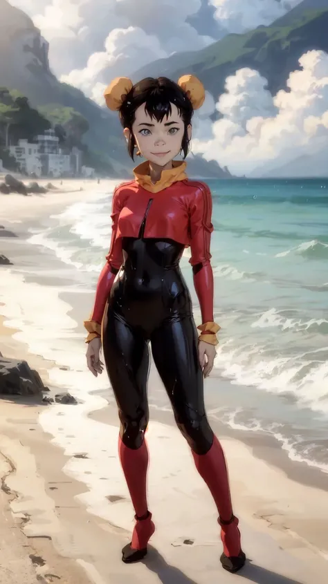 masterpiece,best quality,1girl,ikki,hair bun,bun cover,double bun,black hair,looking at viewer,smug,beach background,sunshine,cloud,<lora:Ikki:1>,wet,full body,perfect lighting,tight,latex bodysuit,