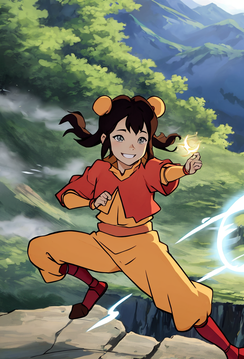 A cartoon of a woman in a red jacket and yellow pants - SeaArt AI