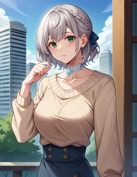 score_9, score_8_up, score_7_up, source_anime,
noelshirogane, <lora:noel-shirogane-ponyxl-lora-nochekaiser:1>,
shirogane noel, braid, french braid, green eyes, grey hair, hair ribbon, ribbon, short hair, snowflake choker, wavy hair, mole, mole on breast, mature female,
casual, collarbone, high-waist skirt, official alternate costume, official alternate hairstyle, sweater,
outdoors, cityscape,
looking at viewer, cowboy shot, dutch angle,
